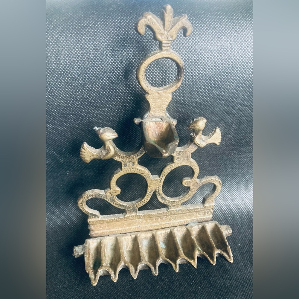 Antique Handmade Bronze Hanukkah Menorah Sephardic Jewish Oil Lamp Fleur-de-lis